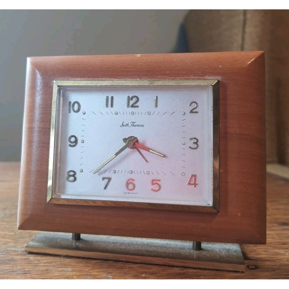 Vintage SETH THOMAS‎ Alarm Clock Wood Brass Deco Style Made In Germany Travel